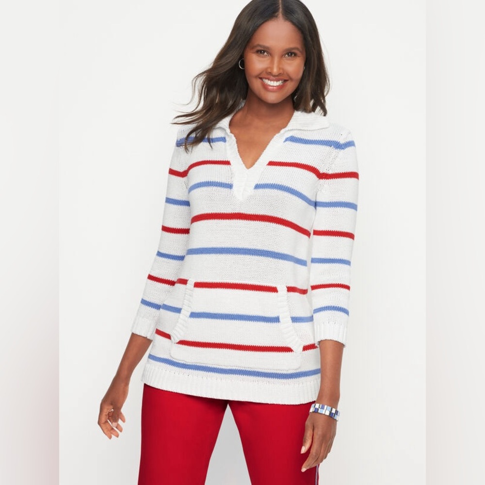 Talbots Johnny Collar Coastal Beach Stripe Sweater Size M Americana Nautical